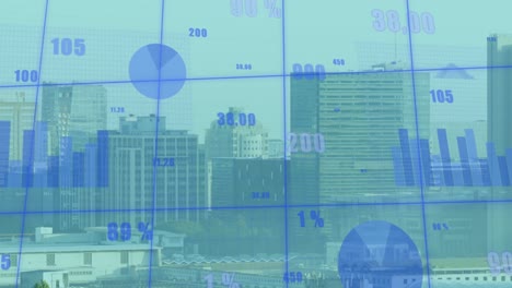 animation of financial data processing over cityscape