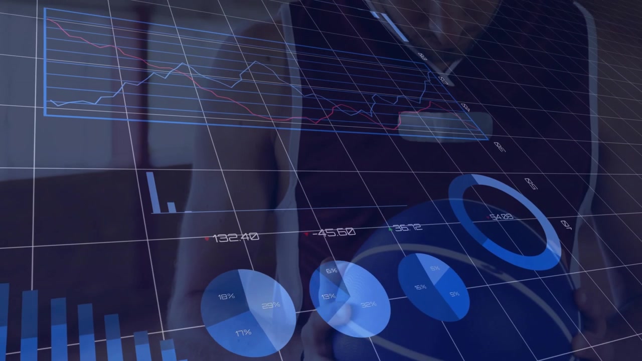 Man bringing device into view, manipulating technology donut, bar and pie charts, analyzing data