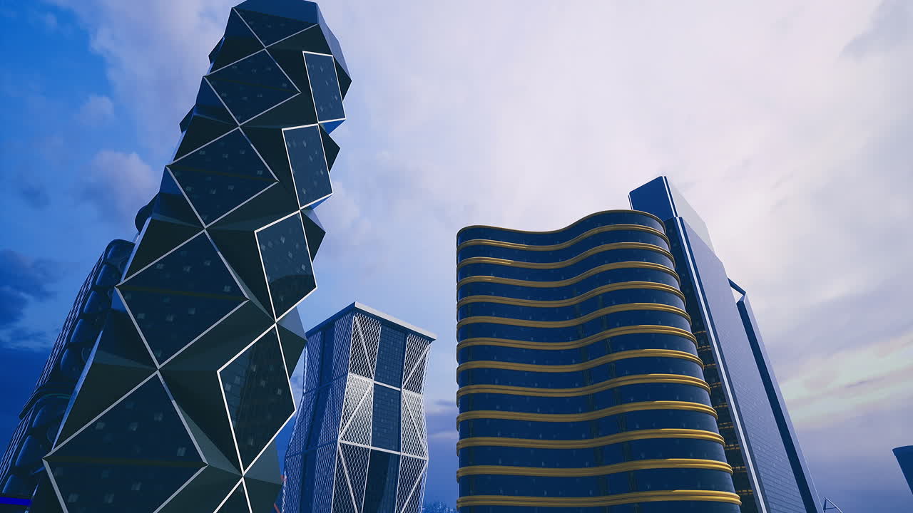 Modern architecture highlights in an urban skyline during twilight