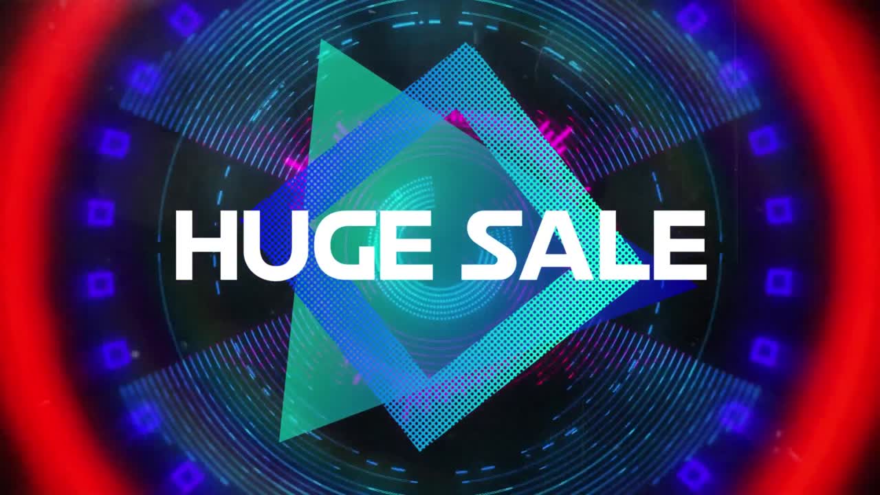 Animation of huge sale text over neon pattern on black background