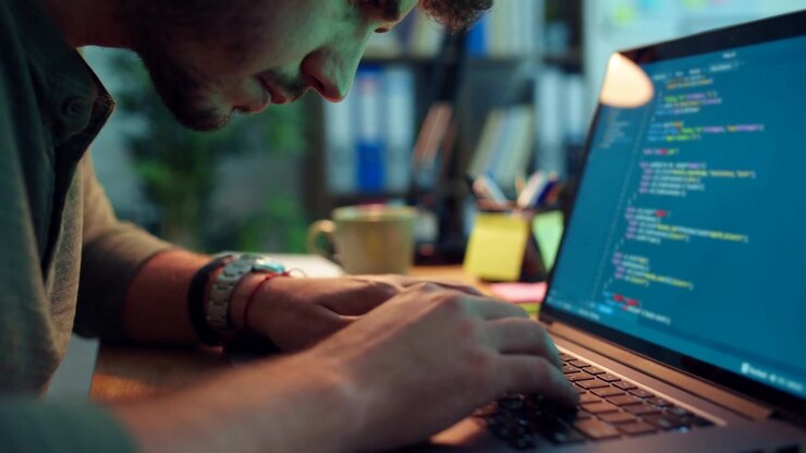 Close Up View Of Software Developer Hands Typing Code On Laptop Keyboard