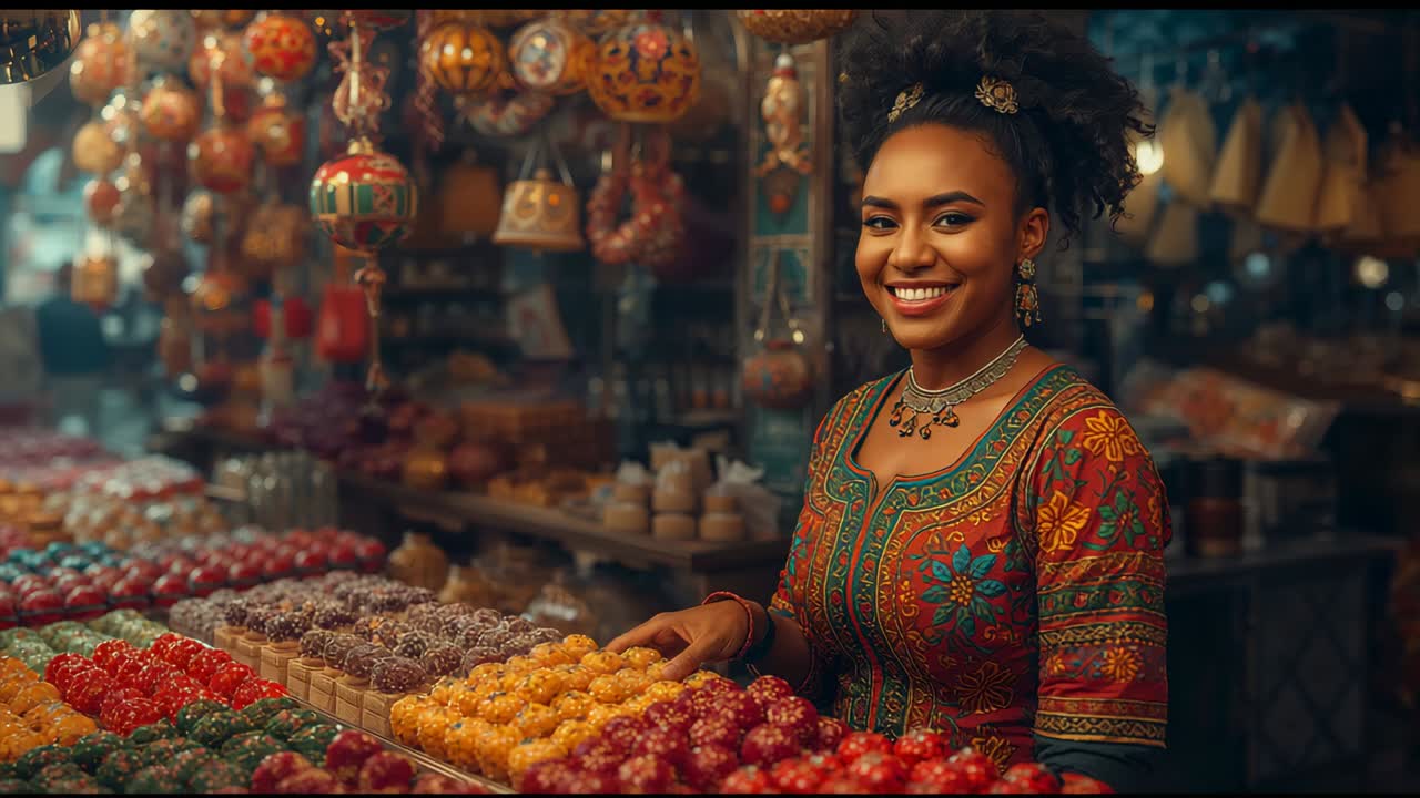 Shifting gaze vendor adjusting sweets display at bazaar with lanterns, preparing for customers