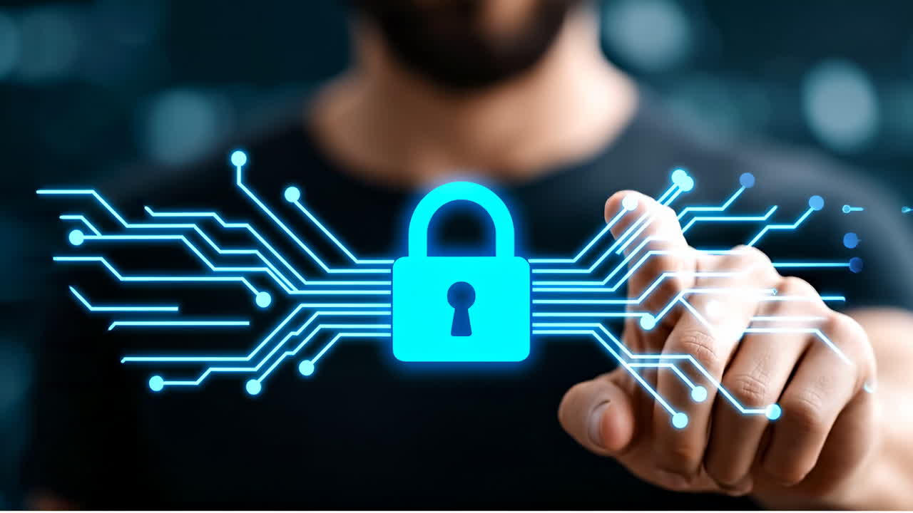 Human hand touching digital padlock icon for security concept. Male hand interacting with a glowing white lock symbol on a dark blurred bokeh background
