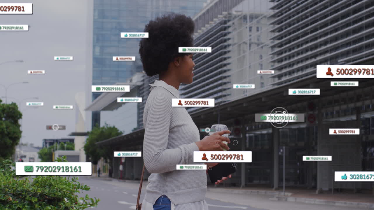 Animation of business data over african american woman using smartphone