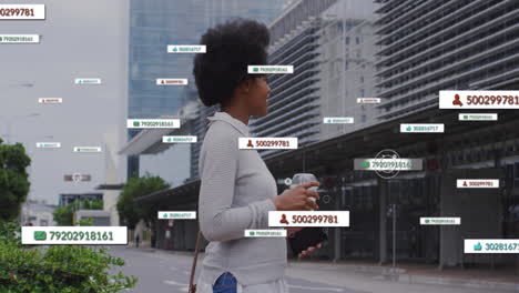animation of business data over african american woman using smartphone