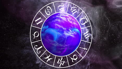 animation of circle with zodiac symbols over globe on black background