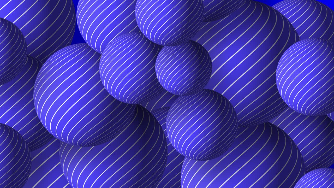 Slow motion 3D animation showing striped line work circular round balls moving on a gradient dynamic background visual effect patterns motion graphics abstract design colour way tones navy blue