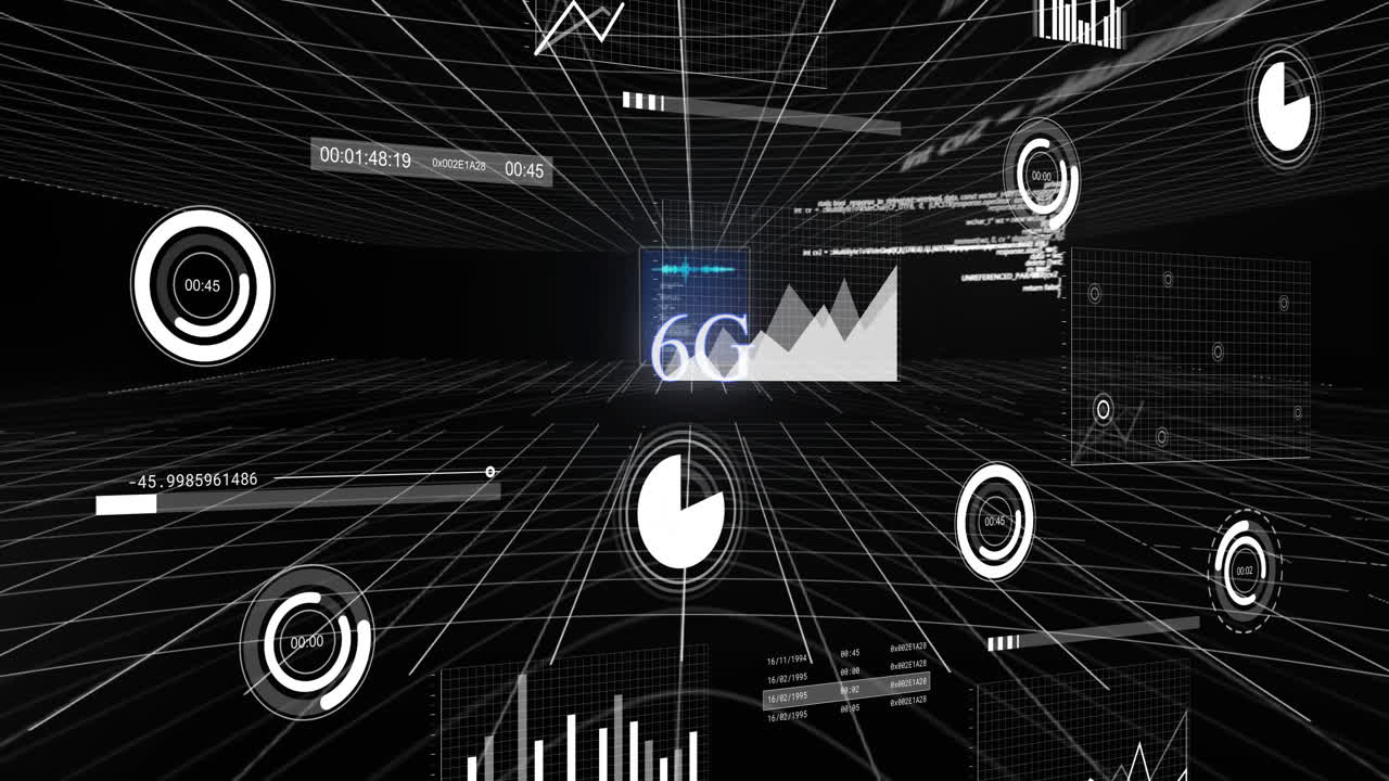 6g 텍스트의 애니메이션, 검은색 배경에 그리드 위의 데이터 처리