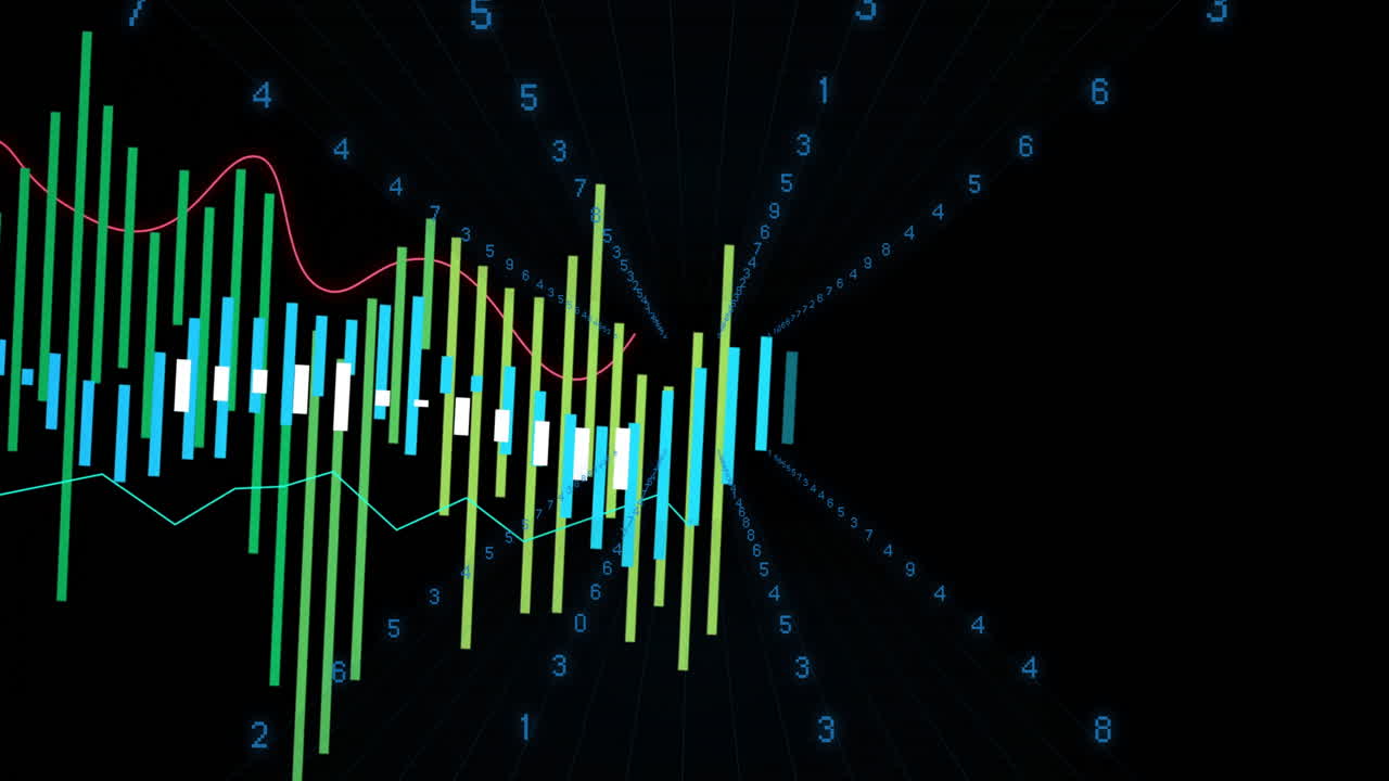 Animation of financial data with green and blue bars on black background