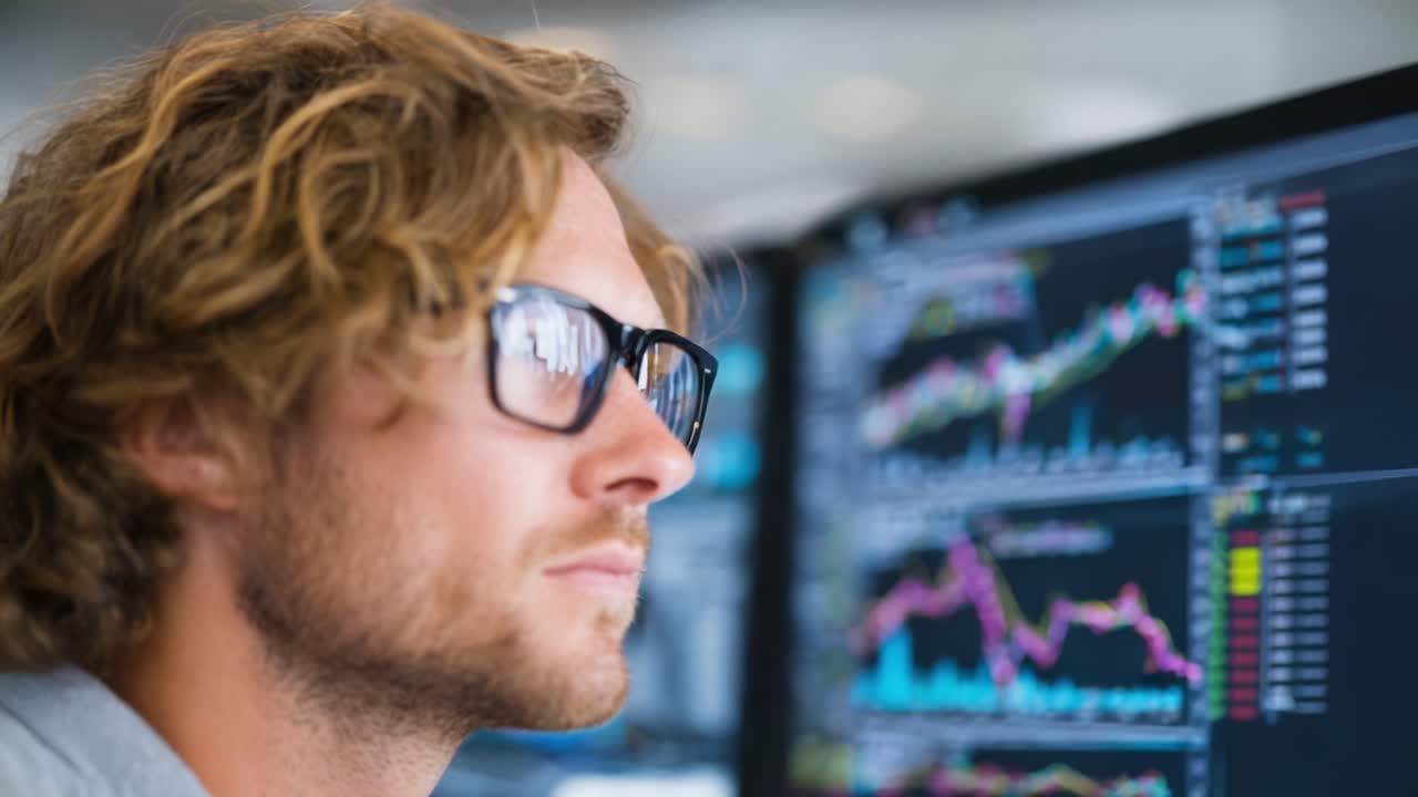 Focused Individual Analyzing Complex Data Trends on Multiple Computer Screens while Engaging with Financial Information in a Dynamic Environment