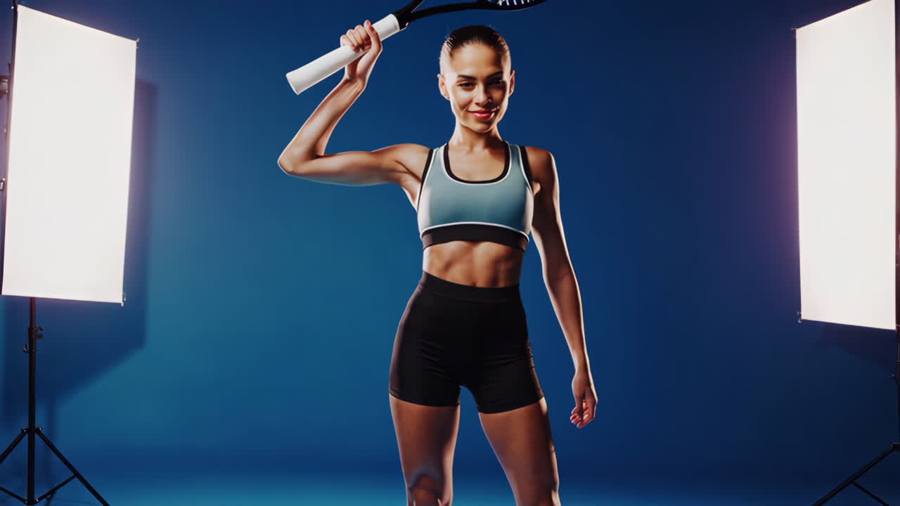 A focused female athlete in sportswear holding a tennis racket in a studio with blue background