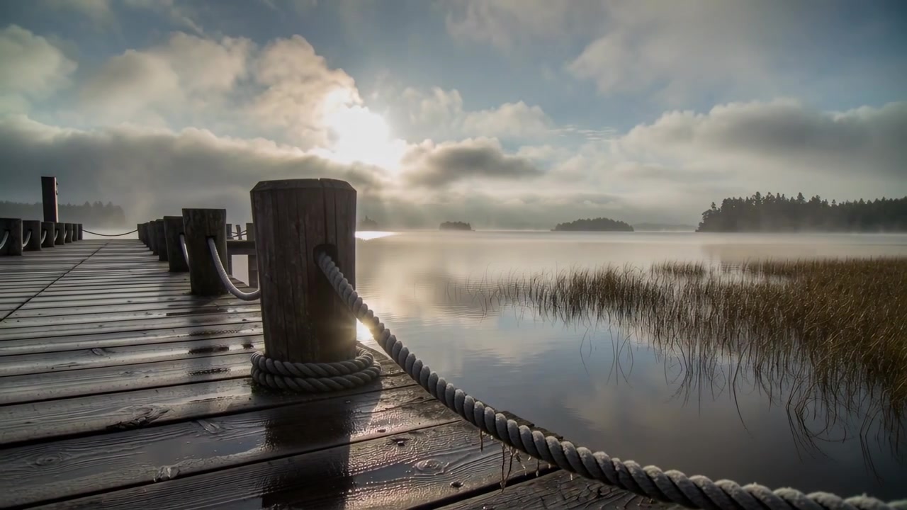 Sun brightening through clouds, wooden dock section revealing misty marsh with bollard and rope