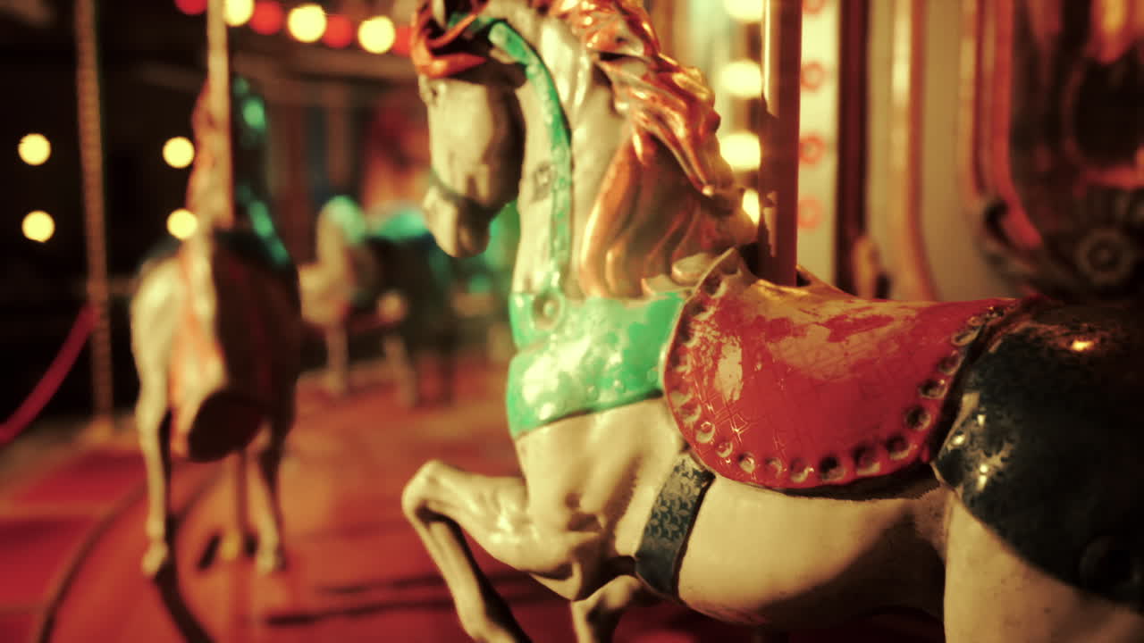 밤에 빈티지 카루셀 말