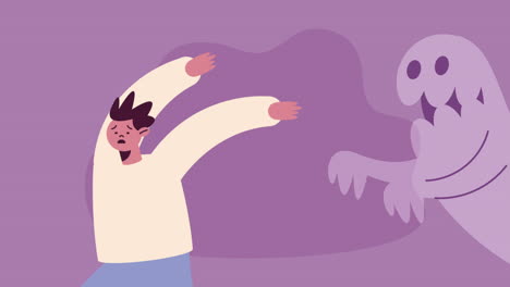 un niño asustado huyendo de un fantasma.