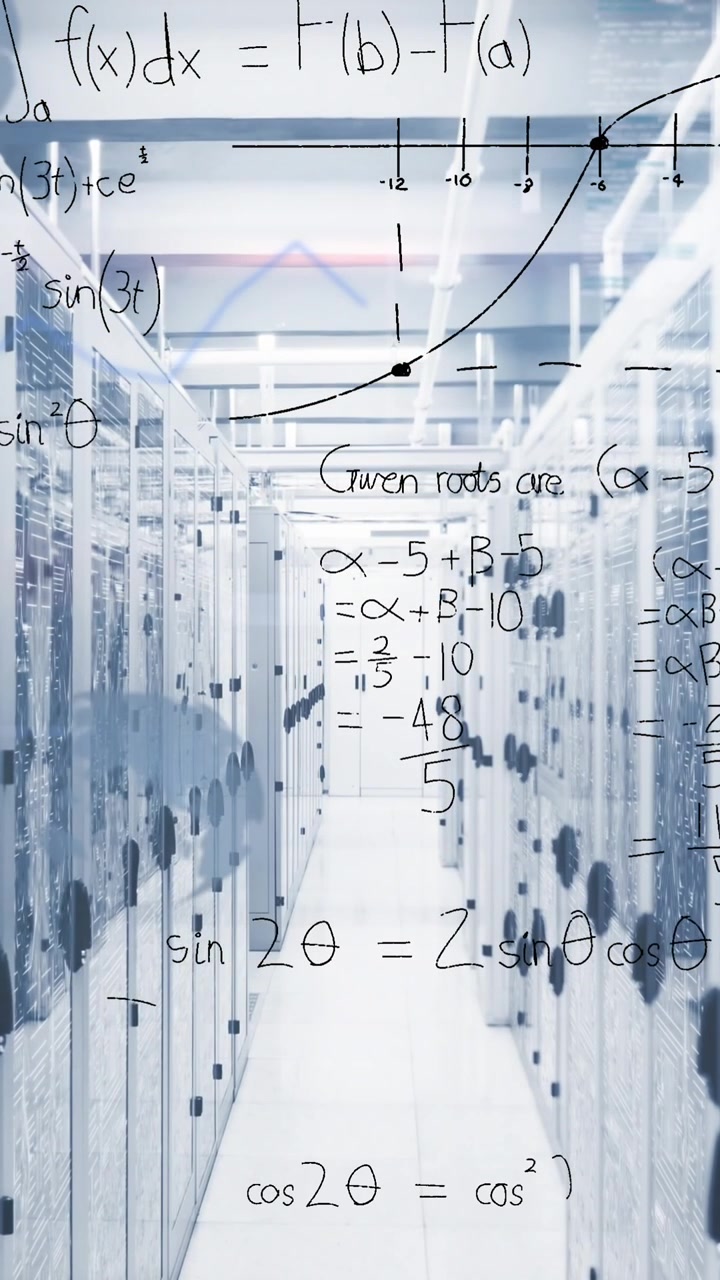 Animation of circuit board pattern, infographic interface and lens flare over server room