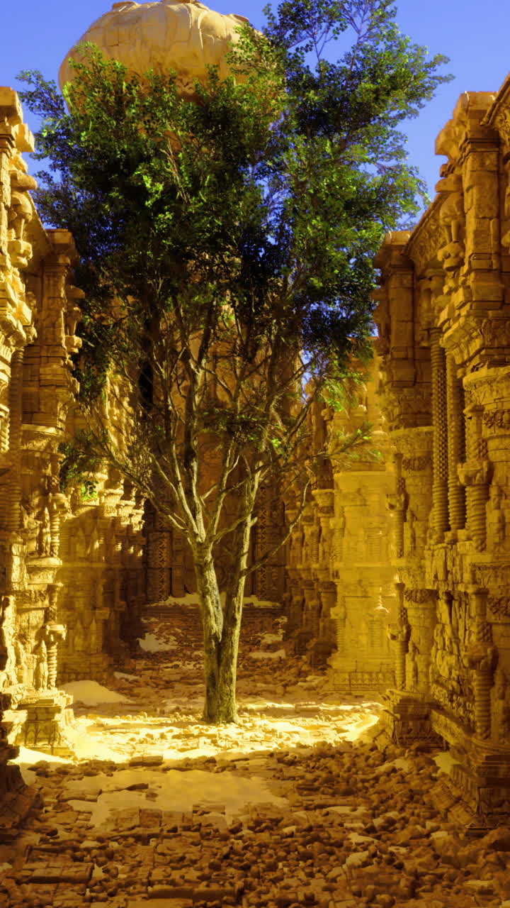 Ancient stone ruins surrounded by a solitary tree in bright sunlight