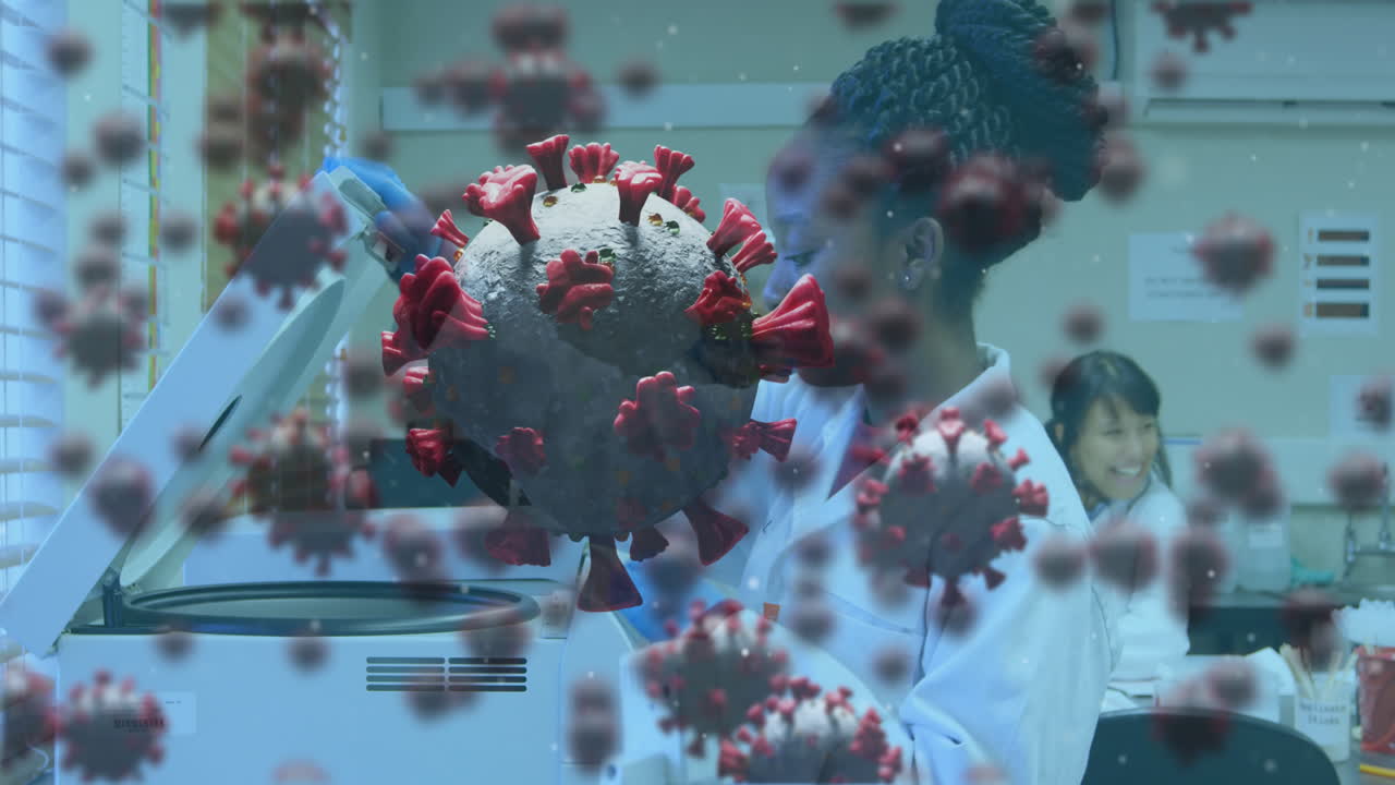 Covid-19 cells against female scientist working in laboratory