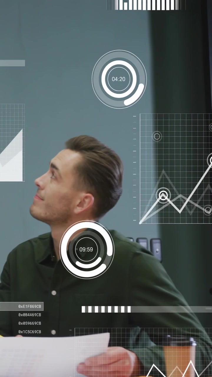 Data analyst holding pages and pen, studying glancing up, monitoring HUD graphs shifting with head