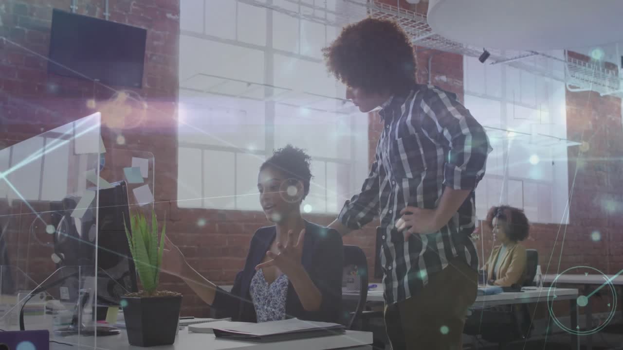Coworker tapping pen and launching animated nodes showing business data flow explaining findings