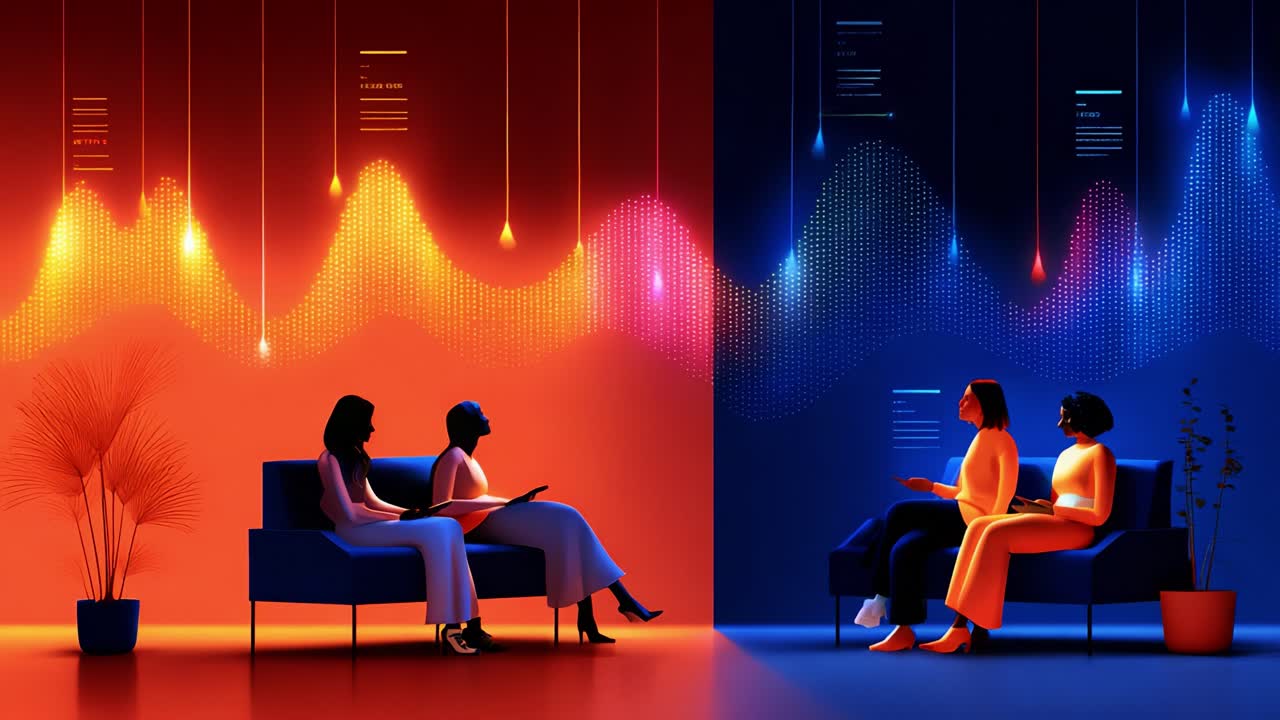 Un'accattivante rappresentazione visiva di due gruppi impegnati in una profonda conversazione su uno sfondo vivace di onde audio colorate e illuminazione dinamica