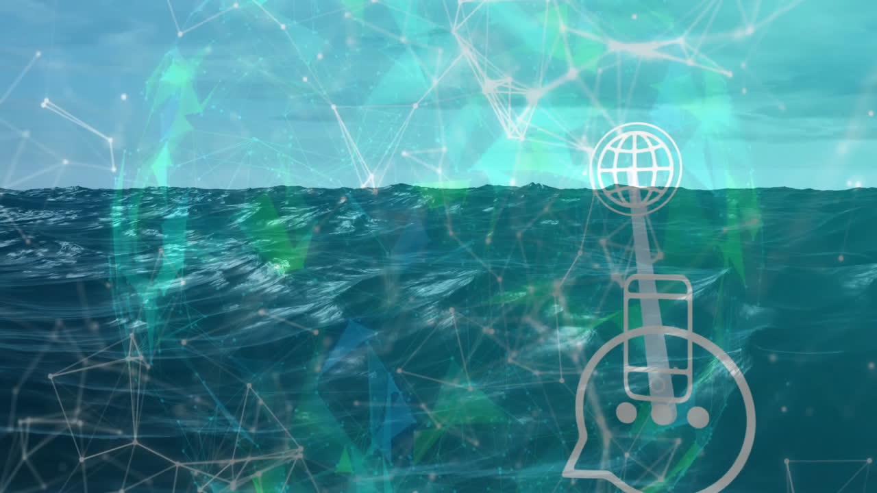 Animation of digital network icons overlaying ocean waves and sky