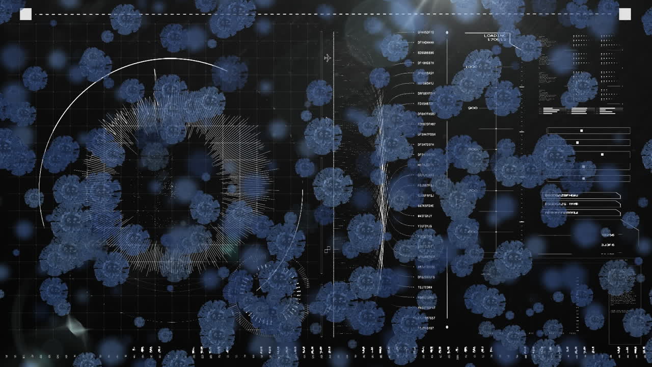 세계 지도 범위 스캔 및 데이터 처리의 코로나 세포의 애니메이션