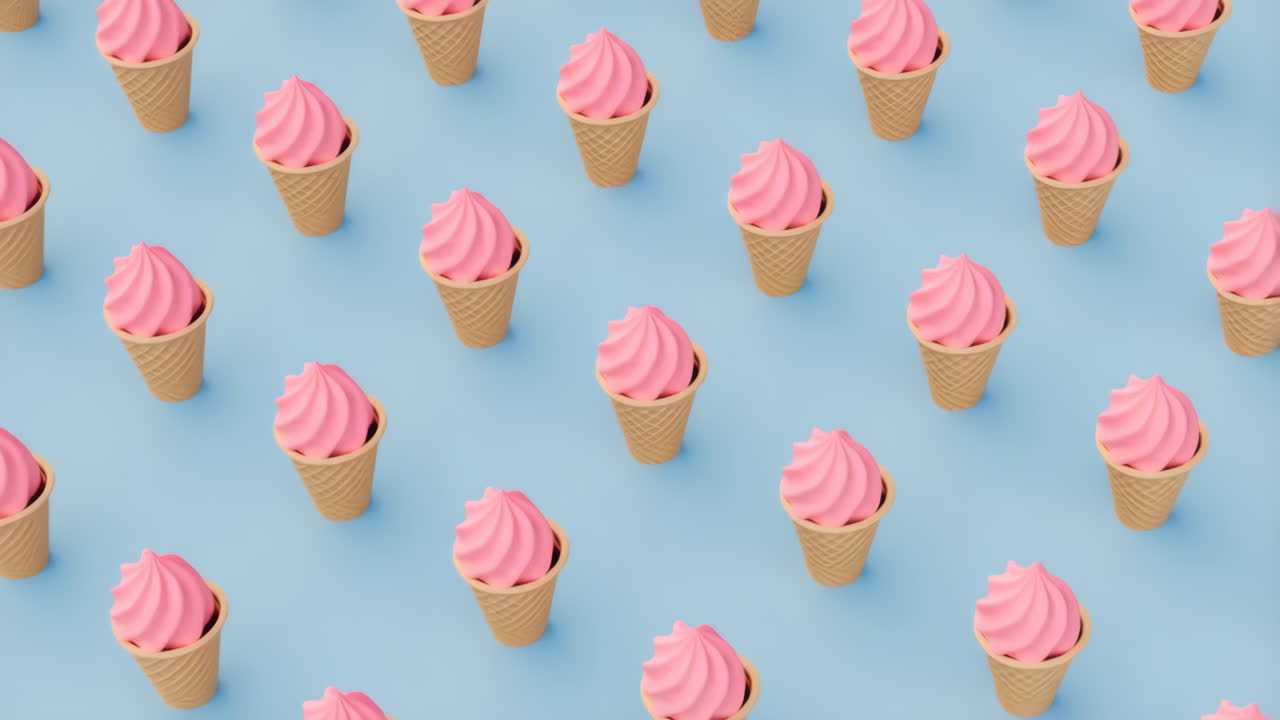 A repeating pattern of pink ice cream cones on a light blue background