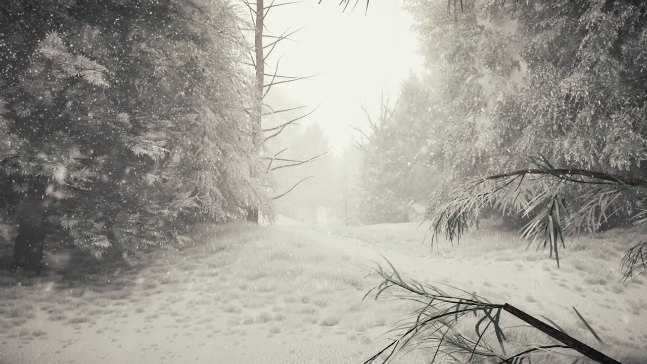 숲에서 겨울 눈이 내리는, 부드러운 사랑스러운 눈이 내린 크리스마스 아침. 겨울 풍경. 크리스마스 배경. 눈 인 나무. 안개. 초현실적인 3d 원활한 루프 애니메이션.