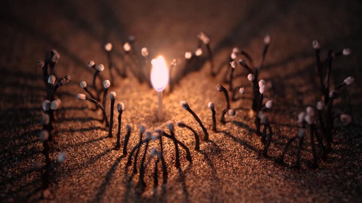 Ein einzelnes Streichholz brennt mit heller Flamme in der Mitte eines „ICH LIEBE DICH“-Zeichens aus schwarz gebrannten Streichhölzern auf Strandsand