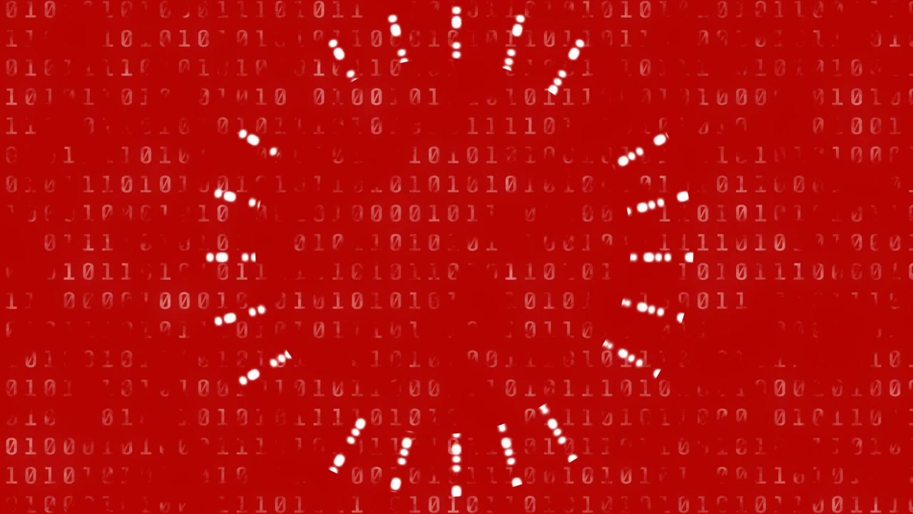 Animation of abstract circular shape pulsating over binary coding data processing on red background