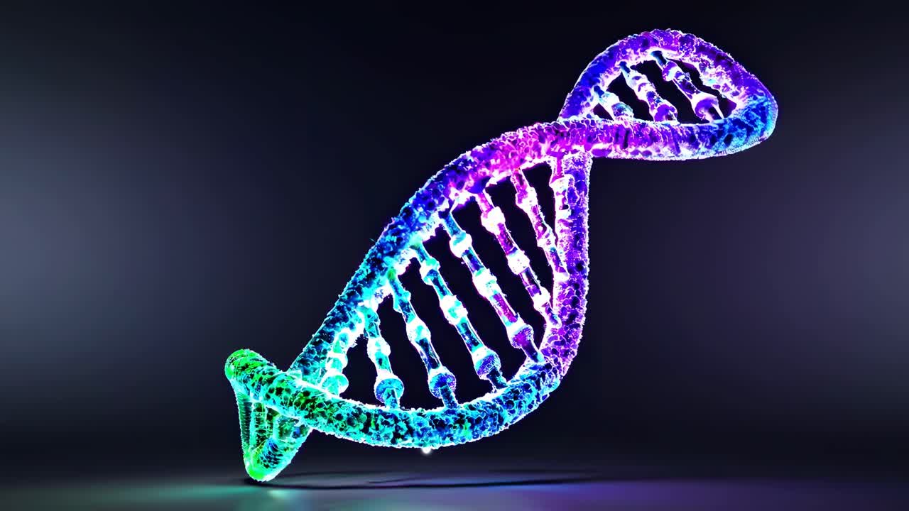 Elica di DNA colorata, rendering 3D, angolazione ravvicinata, tonalità neon luminose, stile video futuristico