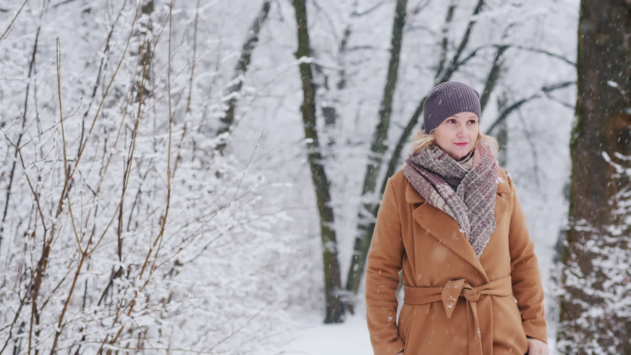 mujer elegante camina por el parque nevado