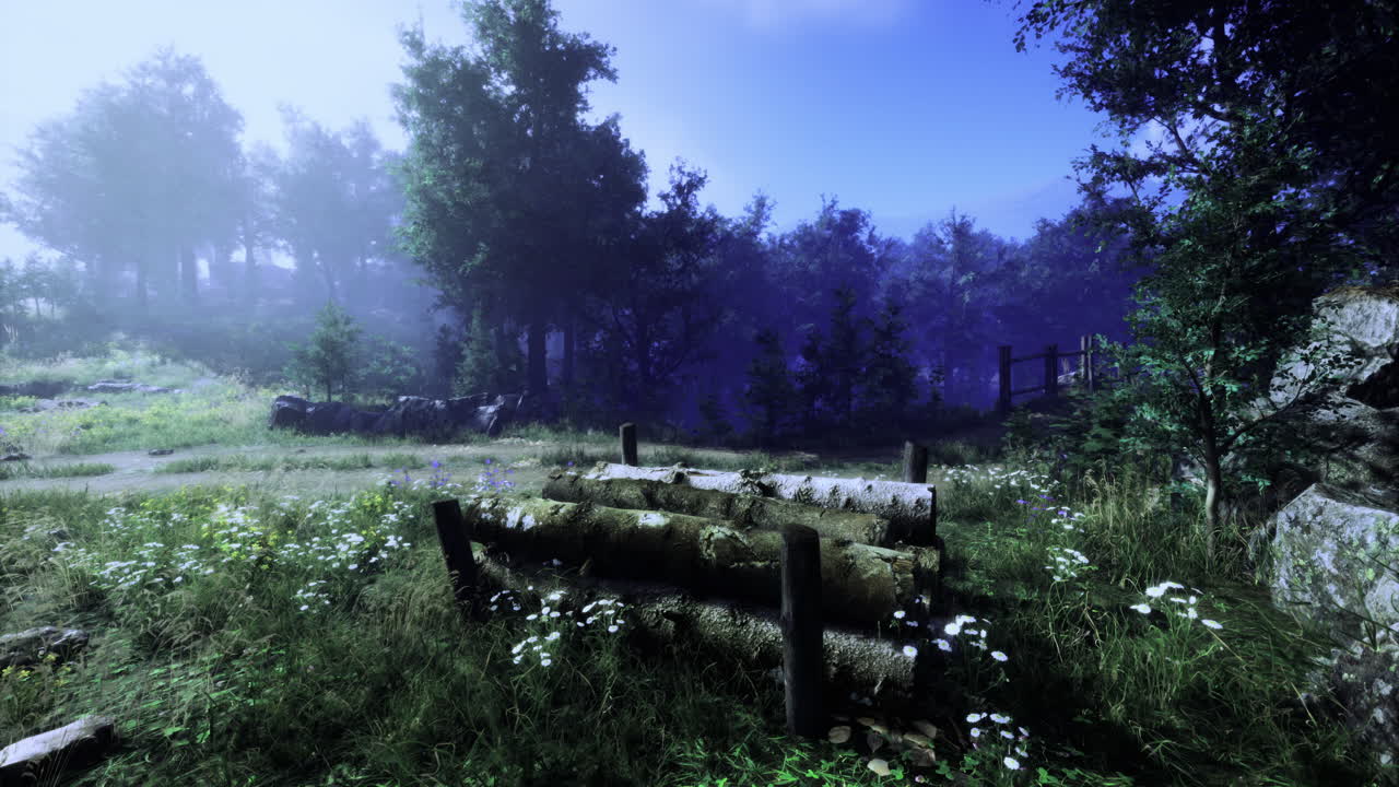 Serene forest setting with logs and wildflowers under a clear sky