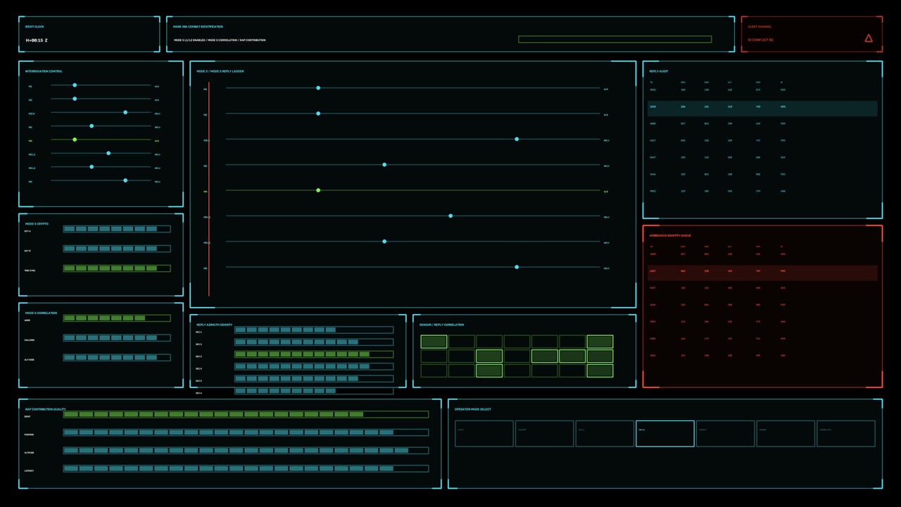 Military targeting HUD for war documentary graphics, a full screen dark interface with combat identification controls, reply tables, ID conflict alerts and cyan green panels. Animation loops seamless