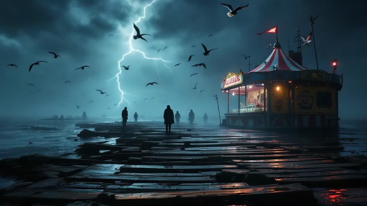 Scena drammatica di tempesta con figure che camminano verso una bancarella di carnevale sotto i fulmini.