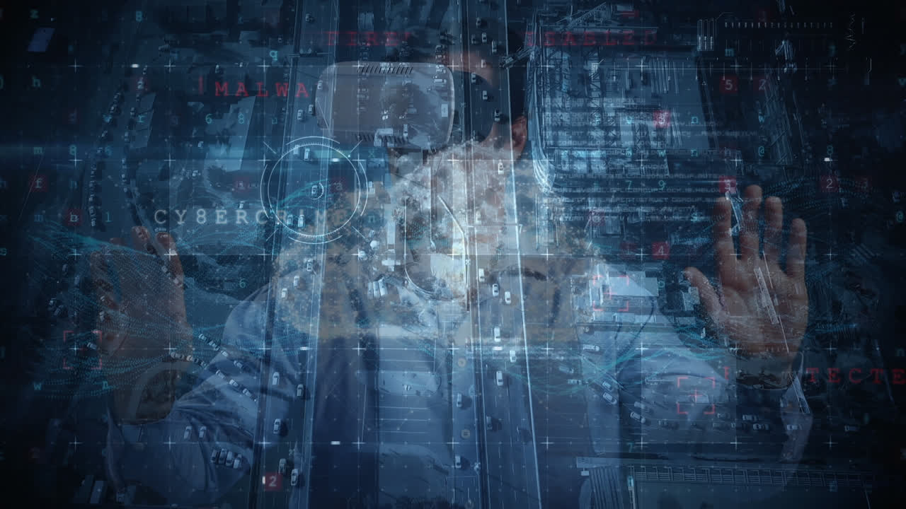 animación del procesamiento de datos financieros sobre un hombre de negocios que usa auriculares vr