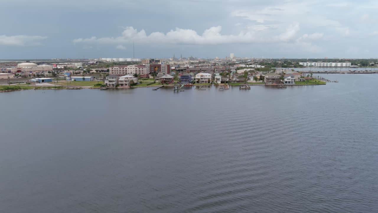 Aerial view of waterfront homes in Galveston, Texas