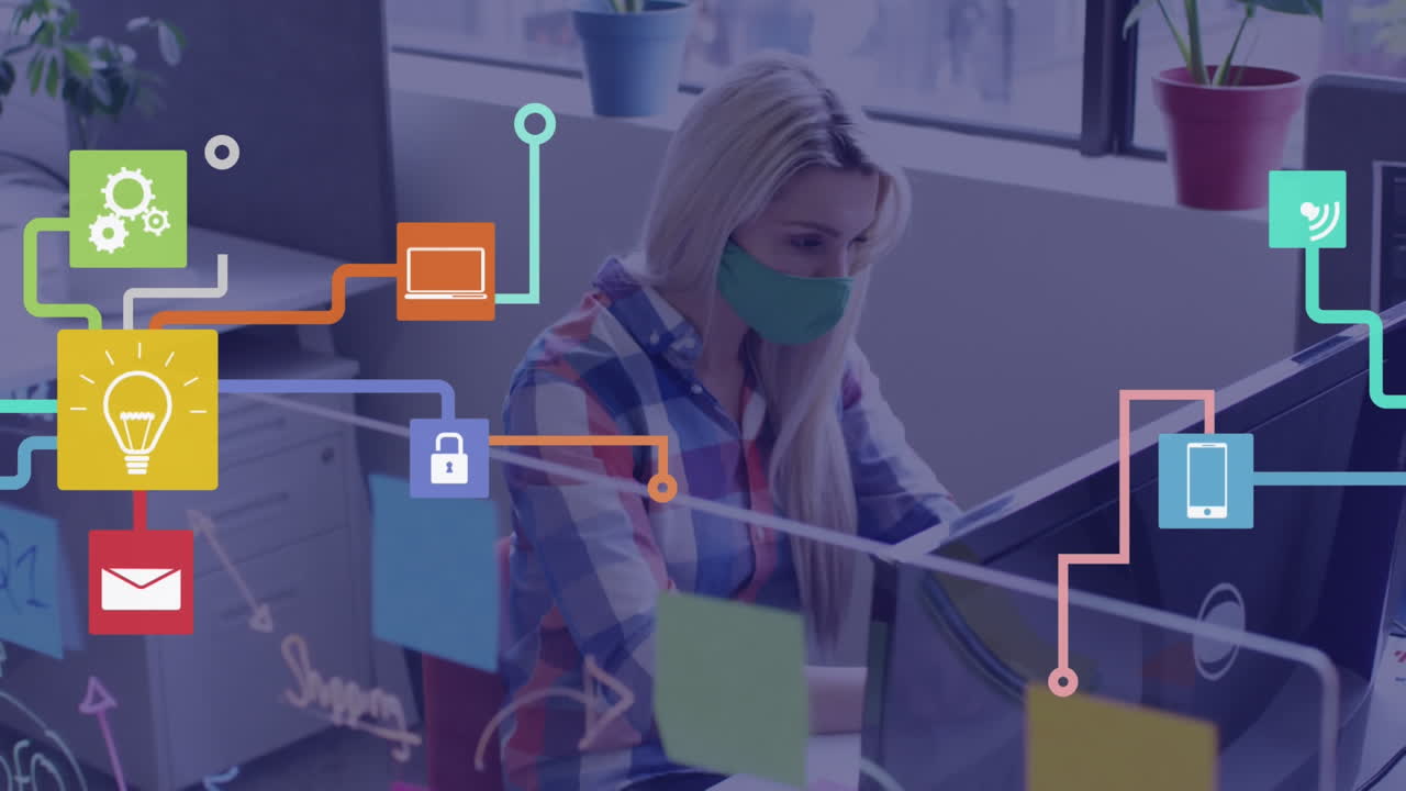 animación de iconos de los medios sobre una mujer de negocios caucásica con máscara facial y usando computadora