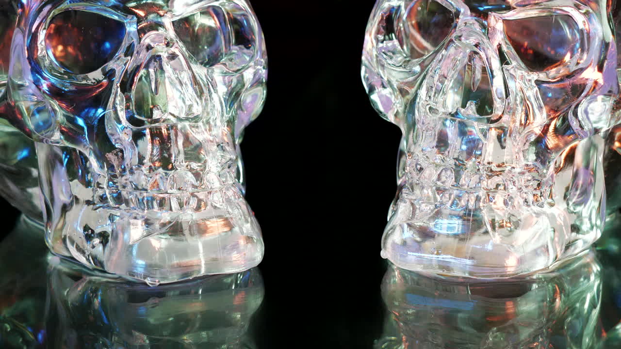 빨간색과 파란색으로 조명된 검은색 스튜디오 배경의 사악한 죽음의 두개골