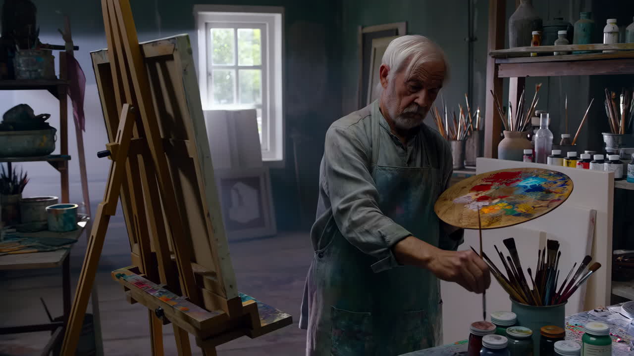 Elderly Artist Painting in His Studio