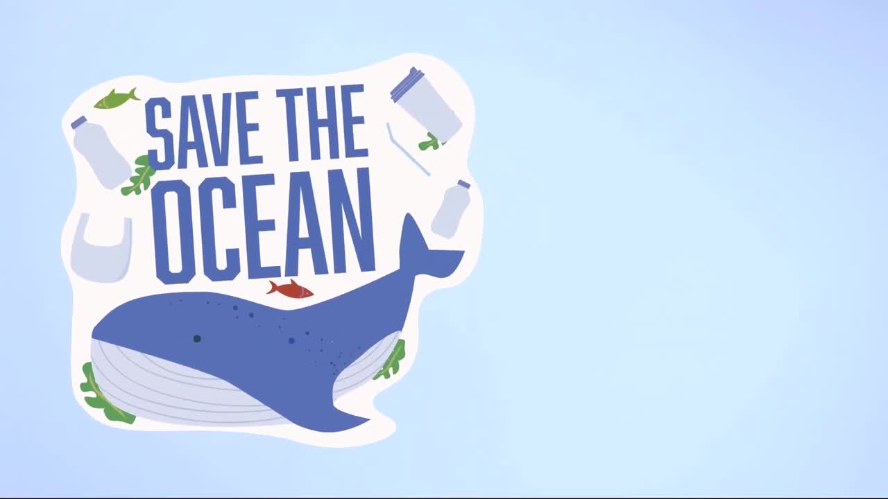 青い背景のクジラの上に描かれた"save the ocean"のアニメーション