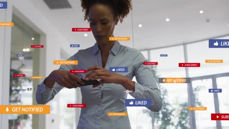 animation of social media icons and numbers over biracial businesswoman