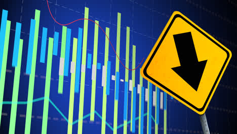 Animation-Der-Finanzdatenverarbeitung-Und-Des-Straßenschildes-Auf-Blauem-Hintergrund