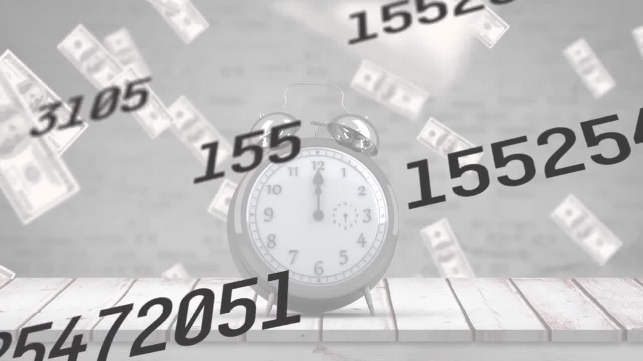 animación de números de tic-tac sobre billetes de dólar voladores y despertador en la mesa