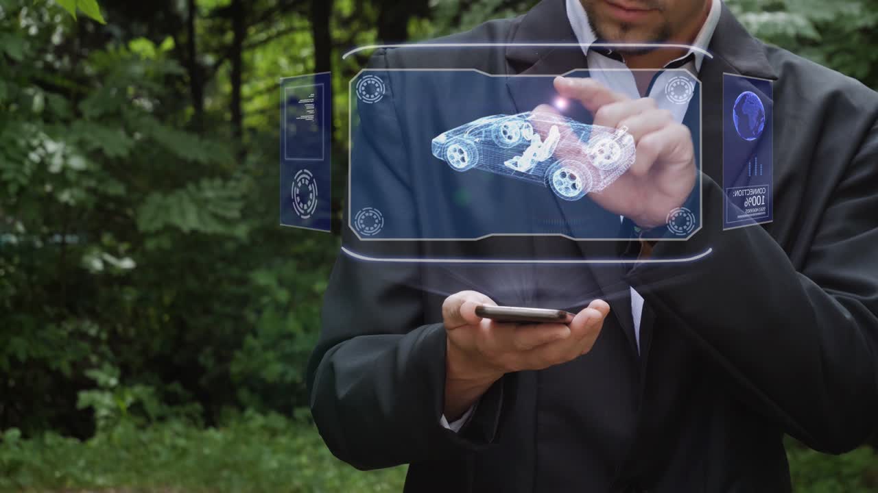 el hombre de negocios usa un holograma con chasis.