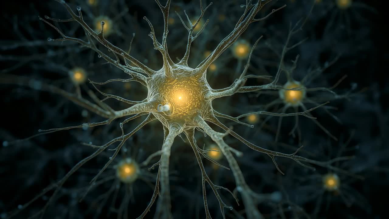 Luminescing central neuron soma pulsing in dark green matrix, propagating signals along dendrites