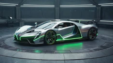 futuristic silver sports car with green neon lights in a high-tech showroom