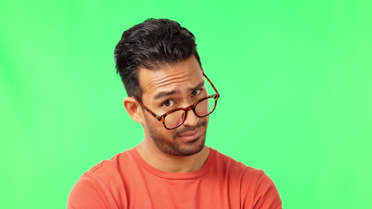 Green screen, suspicious and face of a man