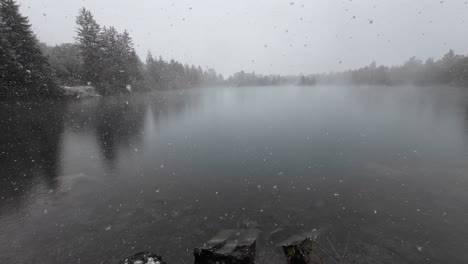 snow is falling on mystical lake in austria surrounded by trees