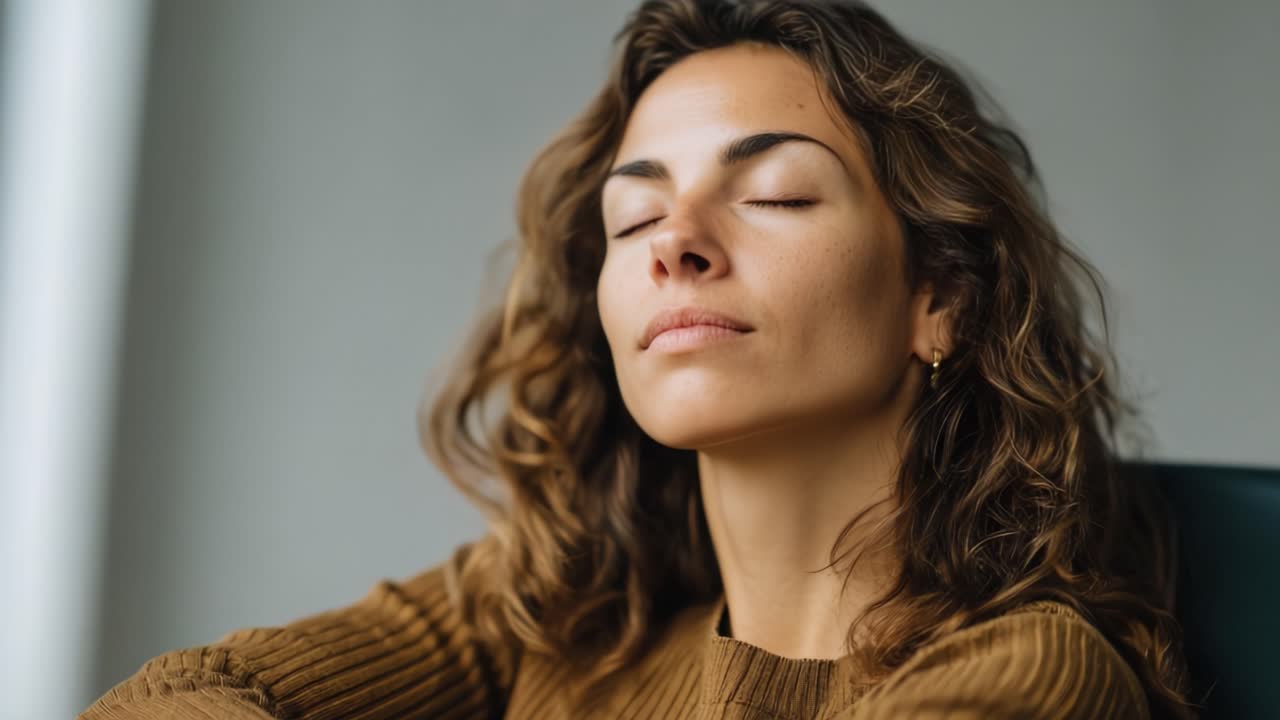 Un momento di calma e riflessione: una donna con i capelli ricci che si gode la serenità e la pace in un ambiente accogliente, che evoca relax e tranquillità interiore